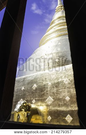 Window Frame of Wat Phra Singh Temple Chiang Mai Thailand stock photo