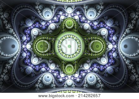 Geometric fractal shape can illustrate daydreaming imagination psychedelic space dreams magic nuclear explosion frequency patterns radiation or music concepts.