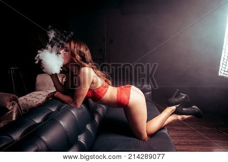 Sexy woman in a red lingerie in studio