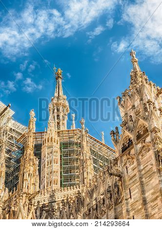 Spiers And Statues On The Gothic Cathedral Of Milan, Italy
