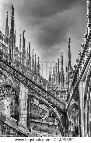 Spiers And Statues On The Gothic Cathedral Of Milan, Italy