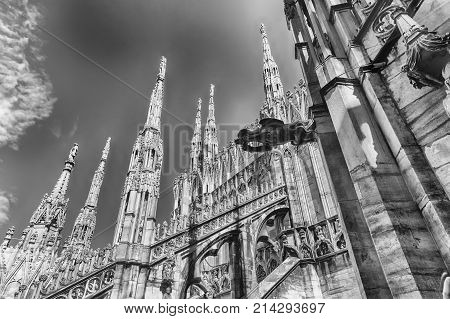 Spiers And Statues On The Gothic Cathedral Of Milan, Italy