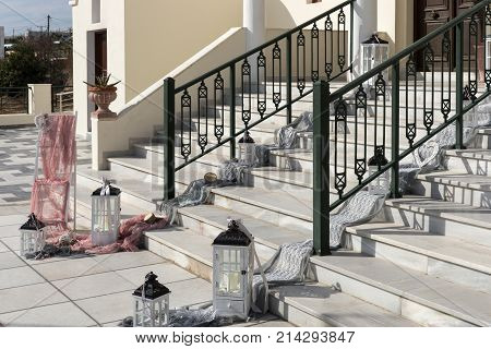 Wedding decoration on the stairs to the church in Emporio, Santorini