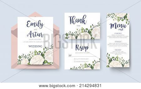 Wedding invite invitation menu thank you rsvp card vector floral design: white garden Rose ranunculus flower eucalyptus forest fern mistletoe leaves & blue berries. Watercolor tender elegant set