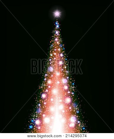 Christmas multicolored Christmas tree on a black background and lots of brilliance
