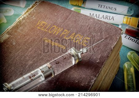 Vintage Syringe On A Book Of yellow plague, Medical Concept