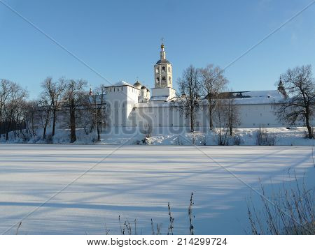 Monastery on a sunny and frosty winter day