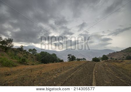 Cycling Mountain Road. Misty Mountain Road In High Mountains. Cloudy Sky With Mountain Road Of Azerb
