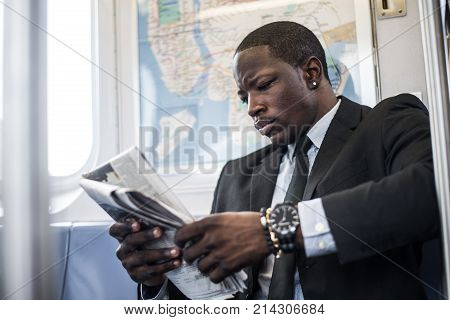 Businessman in full suit in New York subway metro