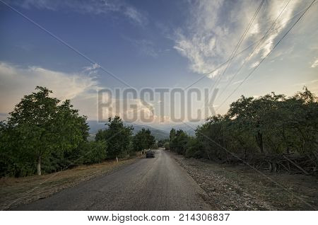 Cycling Mountain Road. Misty Mountain Road In High Mountains. Cloudy Sky With Mountain Road Of Azerb