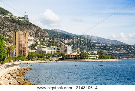 Monaco, Montecarlo - September 17, 2017: Montecarlo beach and princess Grace avenue view with residential buildings