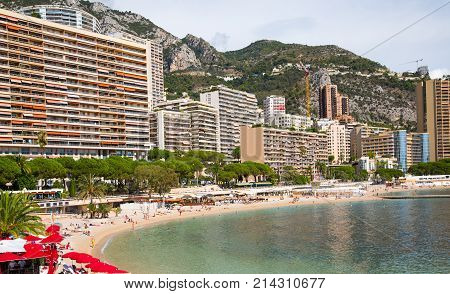 Monaco, Montecarlo - September 17, 2017: Montecarlo beach and princess Grace avenue view with residential buildings