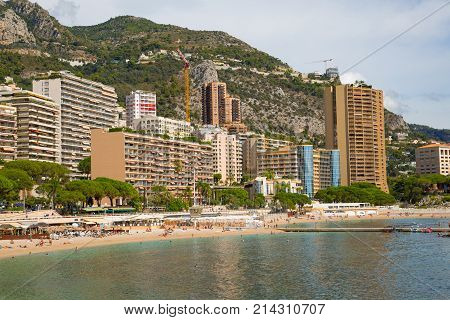 Monaco, Montecarlo - September 17, 2017: Montecarlo beach and princess Grace avenue view with residential buildings