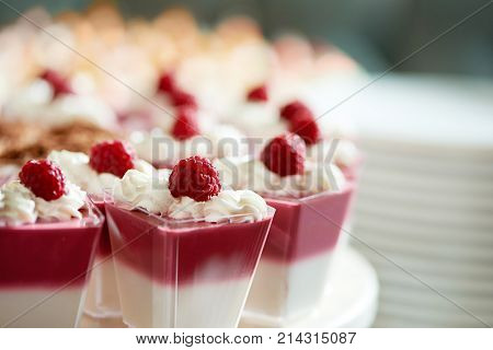 Close up of delicious jelly fruit dessert decorated with whipped cream and raspberry copyspace food eating sugar confectionery tasty party candy buffet many objects cafe.