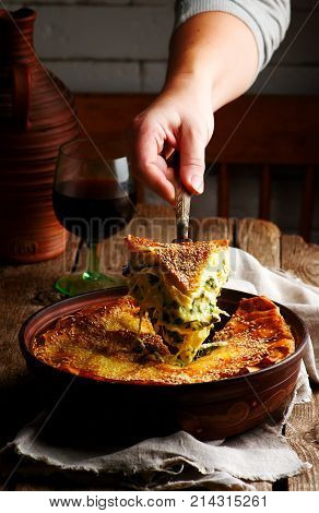 Cheese cake achma traditional Georgian pie . style rustic. selective focus