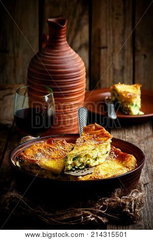 Cheese cake achma traditional Georgian pie . style rustic. selective focus
