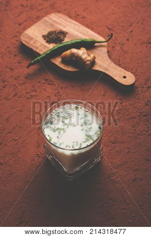 Spiced buttermilk, chaas,  chaach, taak, or curd drink for summer in India