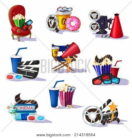 Colorful cinema elements set with chair snacks film reel soda movie camera 3D glasses clapperboard filmstrip award megaphone isolated vector illustration