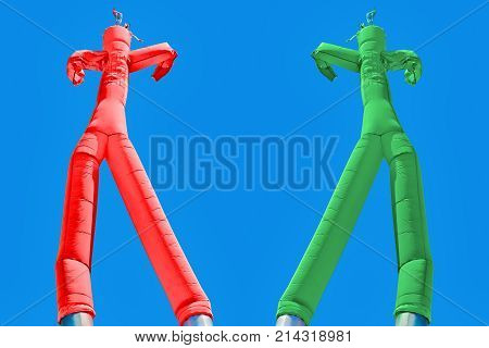 Two inflatable man. Green and Red. Choices concept. Two different directions. Decision concept red or green left or right positive or negative right or wrong. Choose way. Concept of path choice