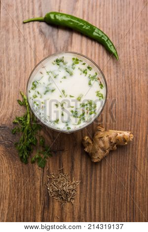 Spiced buttermilk, chaas,  chaach, taak, or curd drink for summer in India