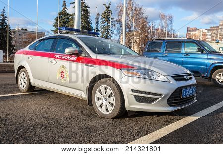 Samara Russia - November 16 2017: Patrol car of the troops of the National Guard of the Russian Federation (Rosgvardia). Text in russian: 