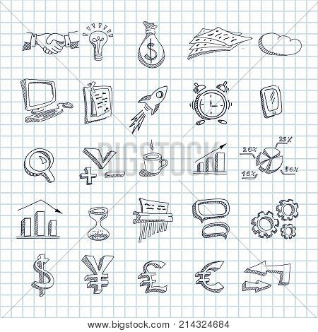 Set of business economic financial icons drawn in style of  ballpoint pen on tetrad square background