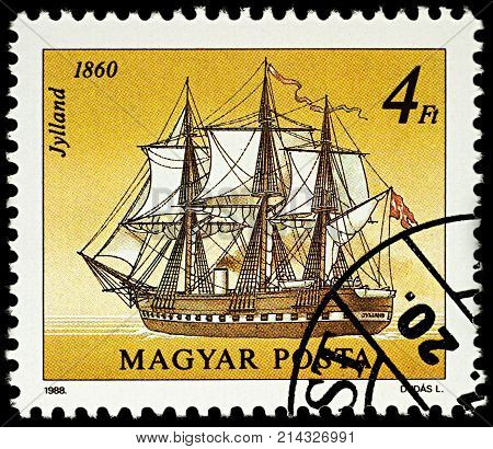 Moscow Russia - November 18 2017: A stamp printed in Hungary shows Danish frigate Jylland (1860) series 