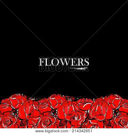 Abstract Hand Drawing Red Flowers Rose On Black Background. Inscription Flowers In Glamour Vogue And