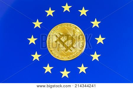Financial Concept With Golden Bitcoin And Eu Flag