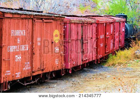 November 6, 2017 in Golden, CO:  Vintage rail cars on a stockyard taken at the Colorado Railroad Museum in Golden, CO where people can observe these rail cars upfront and personal