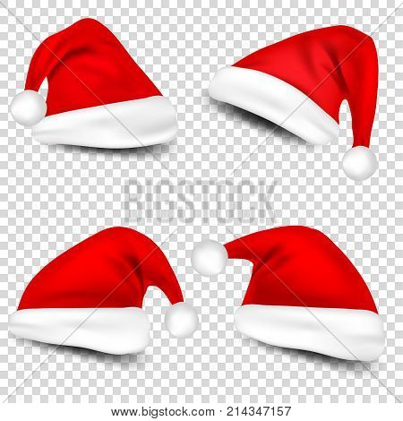 Christmas Santa Claus Hats With Shadow Set. New Year Red Hat Isolated on Transparent Background. Vector illustration.