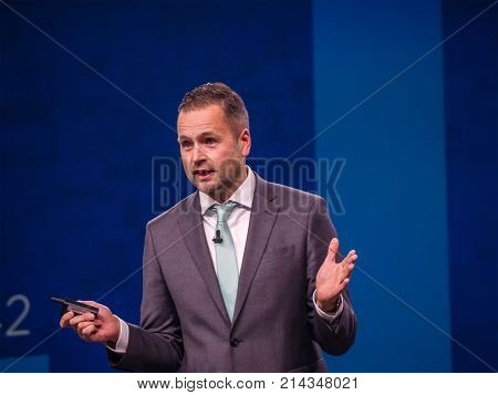 BERLIN GERMANY - NOV 13 2017: NetApp EMEA General Manager Alexander Wallner makes speech at NetApp Insight 2017 conference in Berlin Germany on Nov 13 2017.