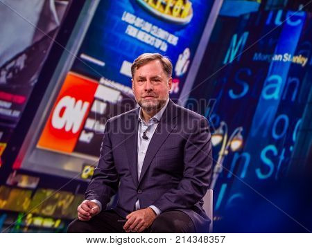 BERLIN GERMANY - NOV 14 2017: NetApp Vice President of Product Operations Joel Reich makes speech at NetApp Insight 2017 conference in Berlin Germany on Nov 14 2017.