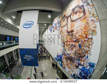 BERLIN GERMANY - NOV 14 2017: Main entrance to NetApp Insight 2017 conference in Messe Berlin CityCube Hall in Berlin Germany on Nov 14 2017.