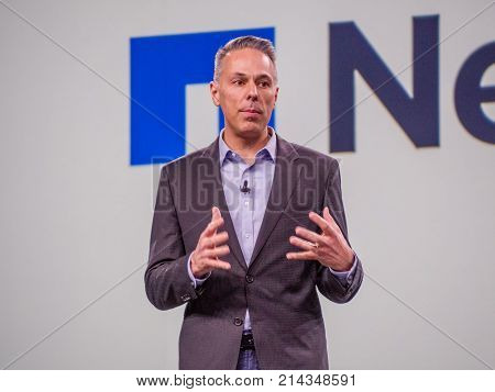 BERLIN GERMANY - NOV 14 2017: Partner Director of Microsoft Azure Storage Program Management Tad Brockway makes speech at NetApp Insight 2017 conference in Berlin Germany on Nov 14 2017.