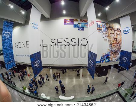 BERLIN GERMANY - NOV 14 2017: Main entrance to NetApp Insight 2017 conference in Messe Berlin CityCube Hall in Berlin Germany on Nov 14 2017.