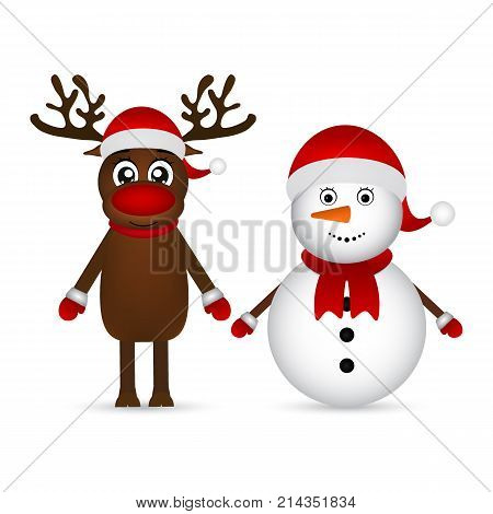 Snowman with reindeer standing on a white background, funny characters