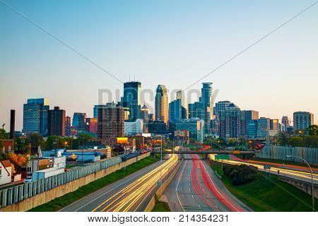 Downtown Minneapolis Minnesota at the sunrise time