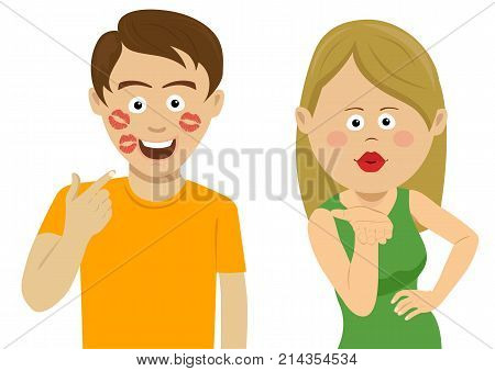 Girlfriend sends air kiss to her boyfriend showing his face filled with kisses on white