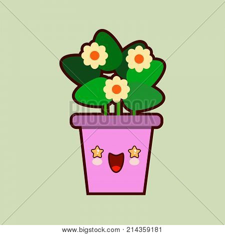 cute cartoon flower icon with funny face in pot kawaii plant character . Flat design  Illustration