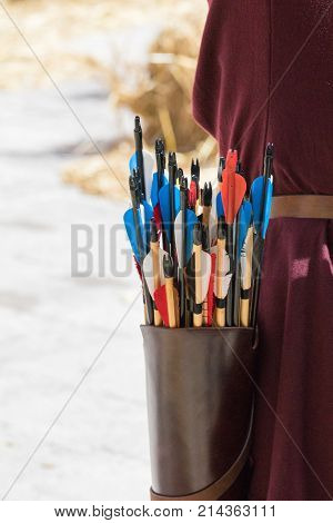 Quiver of traditional feathered arrows carried by medieval archer, Medieval Mdina, Malta, April 2017