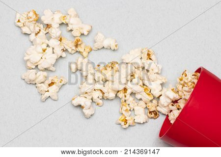 Paper Cup With Popcorn On Blue Background. Mock Up. Top View