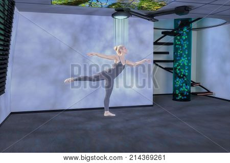 a hologram dancer in an apartment (3d mixed media)