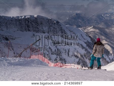 January, 31, 2016, Sochi , Russia: Snowboarder on the mountains of ski resort Sochi,  Krasnaya Poliana ,Russia.