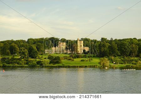 POTSDAM GERMANY - AUGUST 15 2017: View on the Hafen river and the Castle Babelsberg.