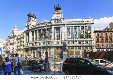 MADRID, SPAIN - MAY 24, 2017: These are facades of representative pathos along the Alcala Street.