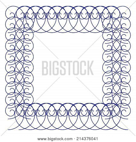 Open-work frame with abstract ornament of curled lines. White background, blue repeated pattern. Square template. Effect of pleached wire. EPS10 illustration