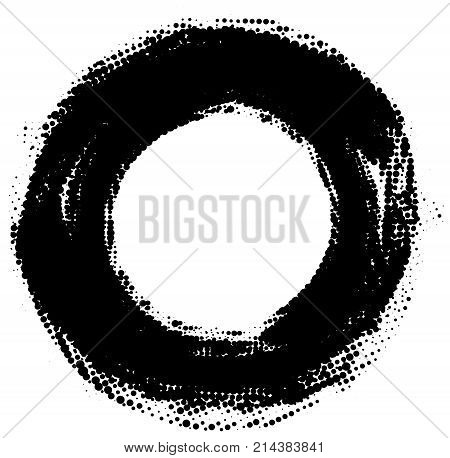 Abstract black and white halftone paintbrush swirl circle isolated on white background