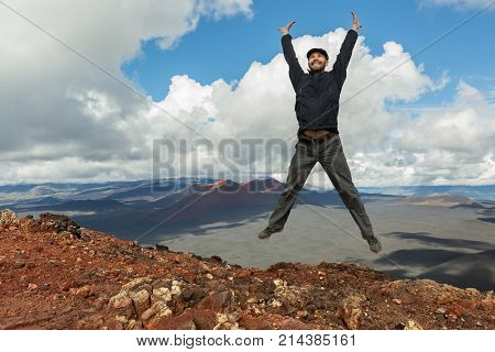 Tourist at the top of Hiking trail climb to the North Breakthrough Great Tolbachik Fissure Eruption 1975