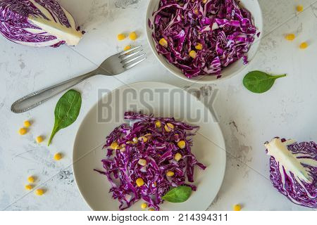 Fresh Red Cabbage Salad With Corn. Vegeterian And Diet Food, Top View